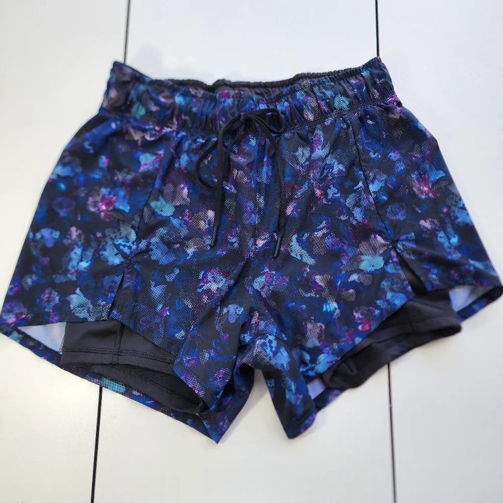 Avia Athletic Shorts Womens Black Blue Purple Print Lined Stretch Colorful S 4-6